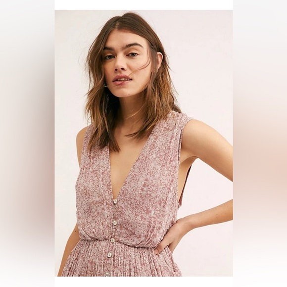 Free People my fair lady flowy Mauve Floral Maxi Dress Greek babydoll style - Picture 6 of 15